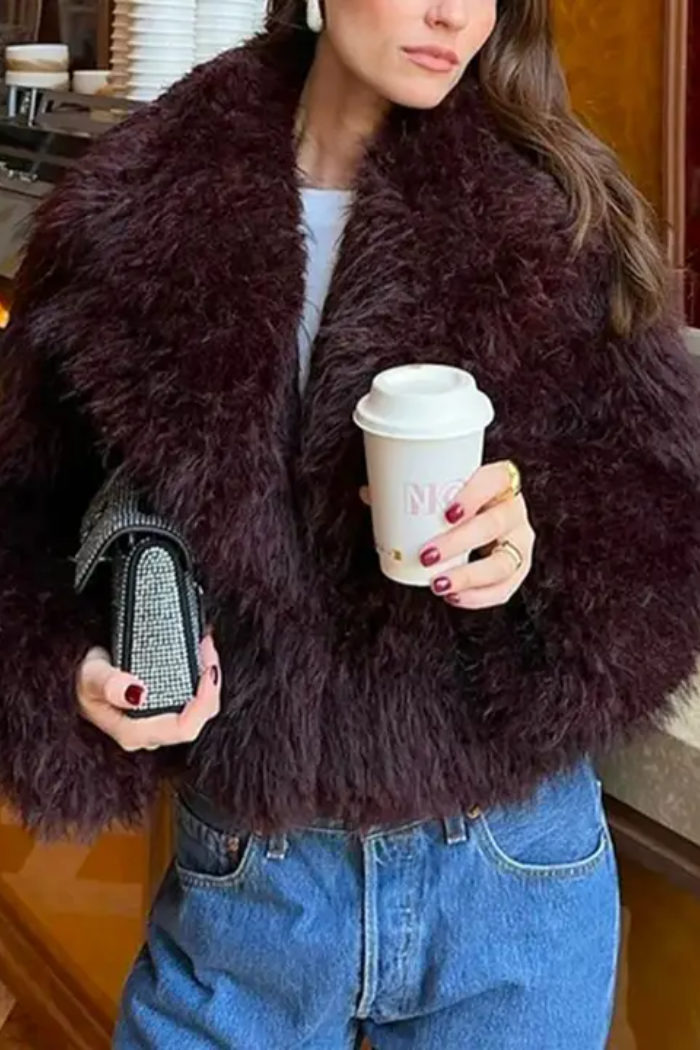 Burgundy Fuzzy Lapel Faux Fur Cropped Coat