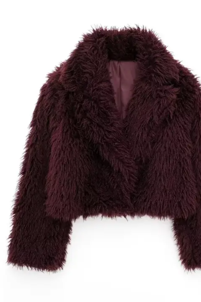 Burgundy Fuzzy Lapel Faux Fur Cropped Coat