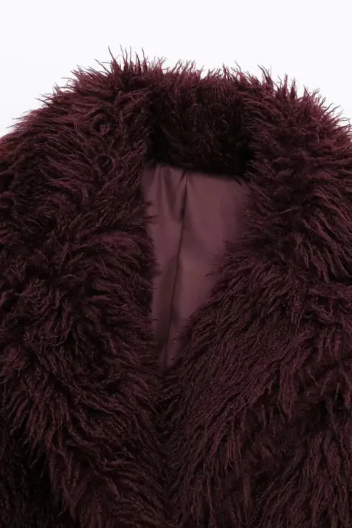 Burgundy Fuzzy Lapel Faux Fur Cropped Coat