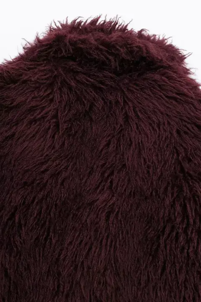 Burgundy Fuzzy Lapel Faux Fur Cropped Coat