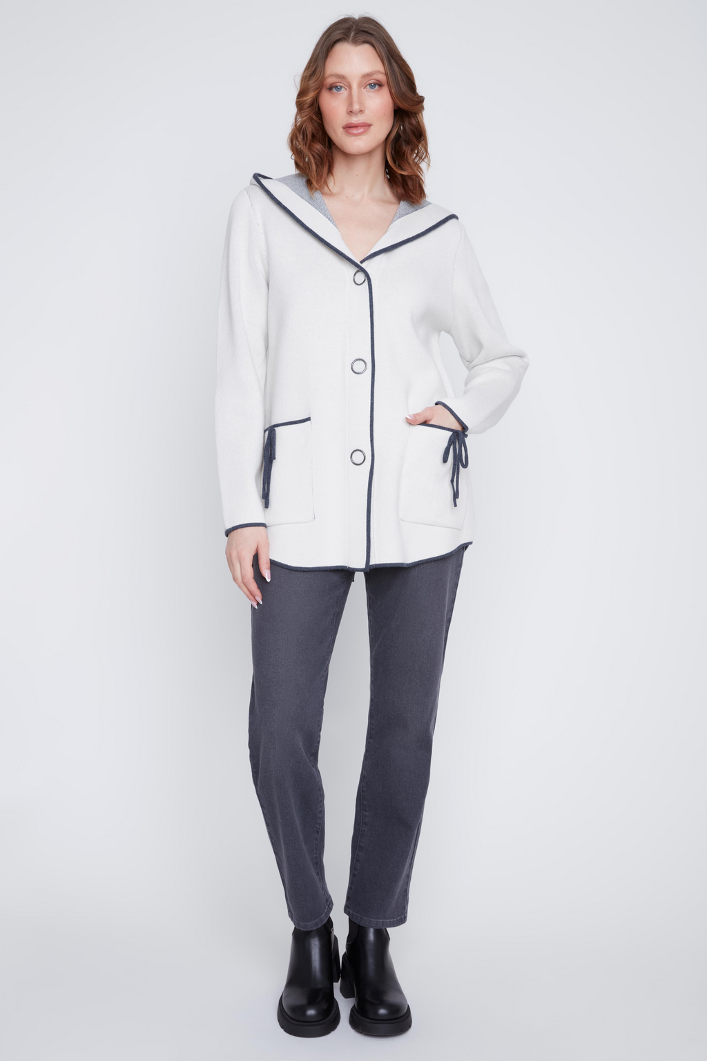 Hooded Sweater Jacket with Contrast Stitching