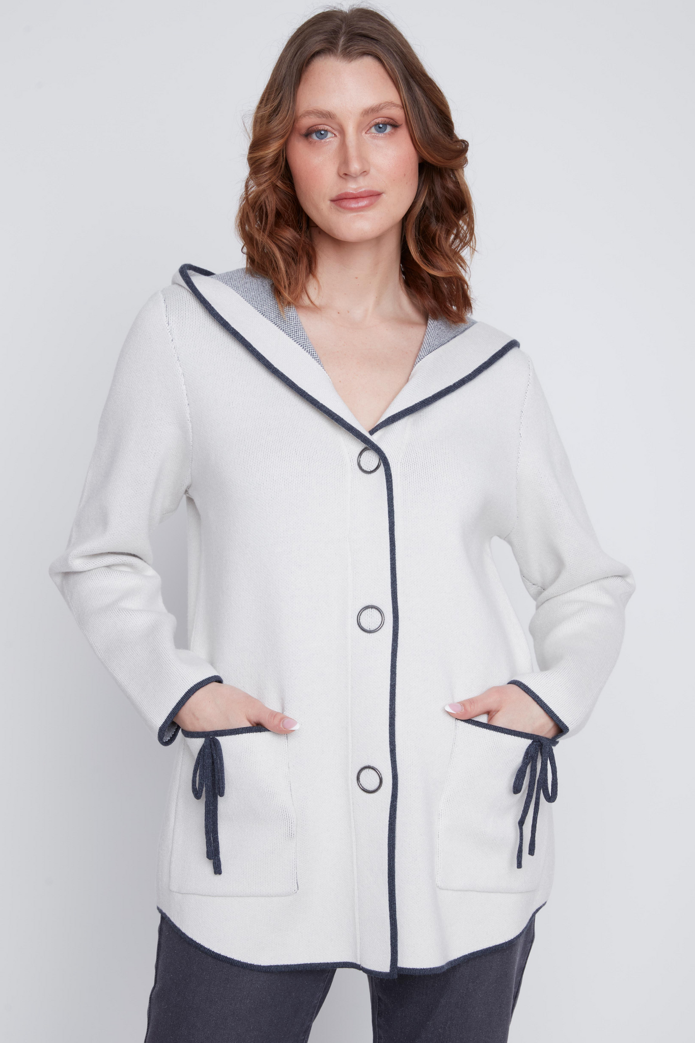 Hooded Sweater Jacket with Contrast Stitching