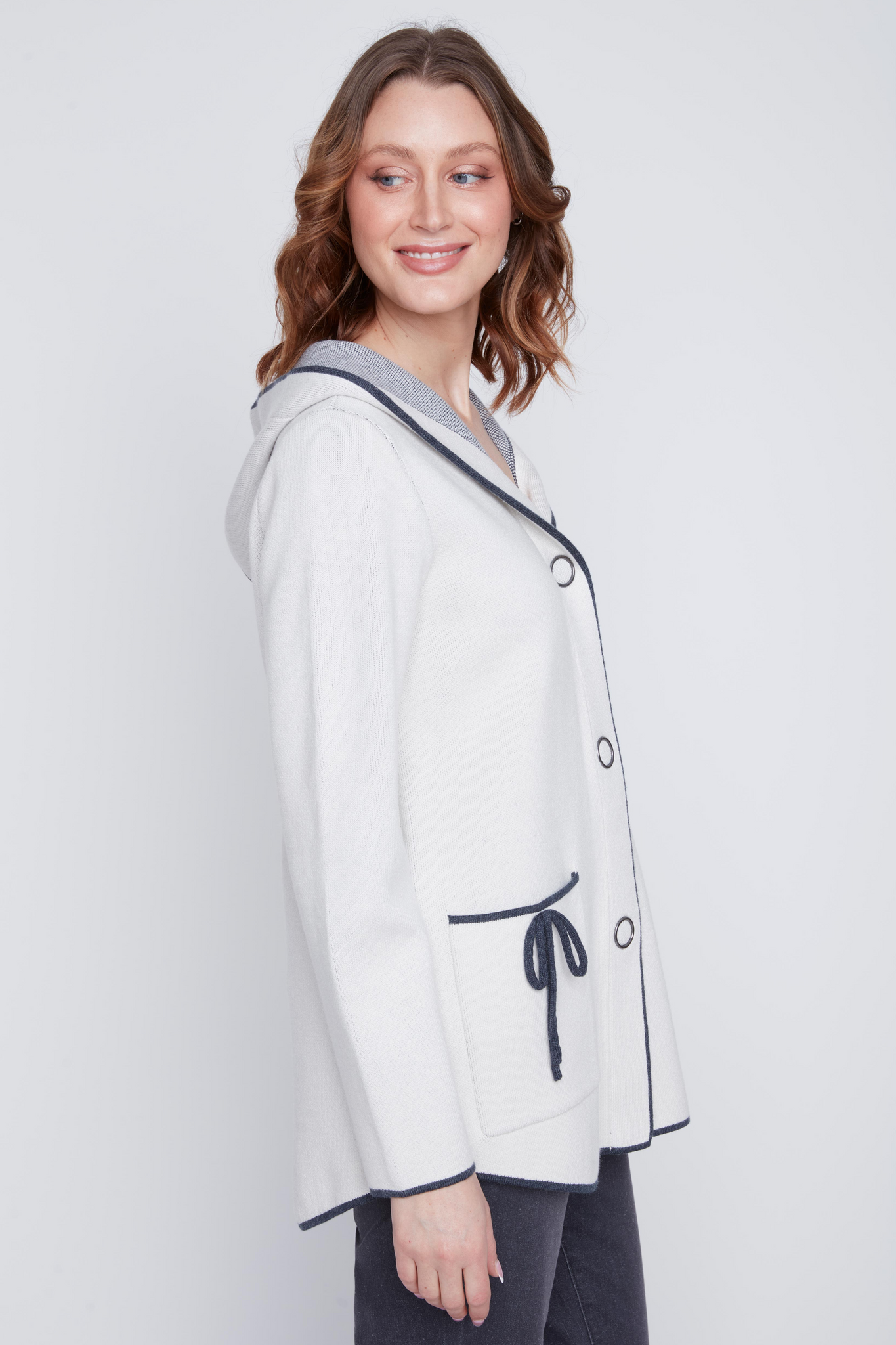 Hooded Sweater Jacket with Contrast Stitching