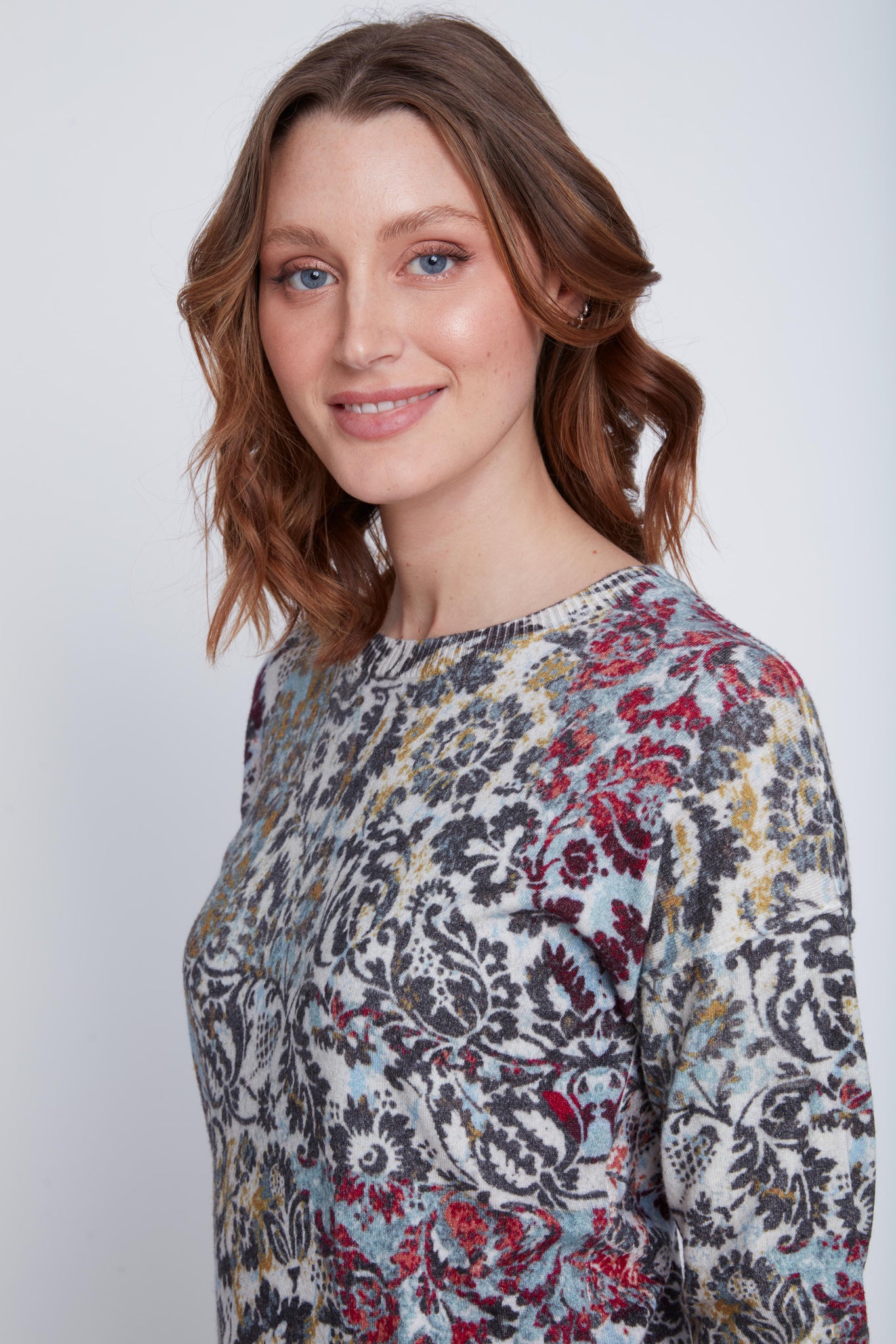 Printed Crew Neck Velvet Sweater