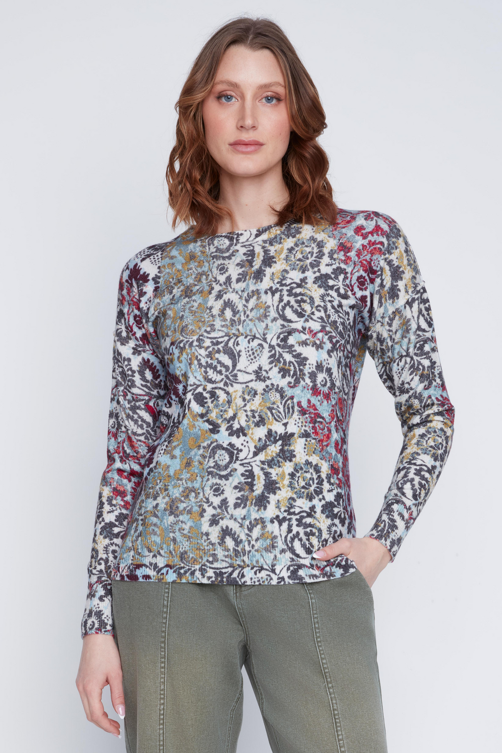 Printed Crew Neck Velvet Sweater