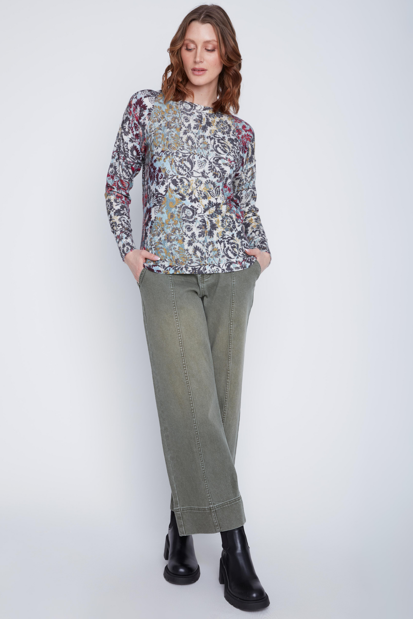 Printed Crew Neck Velvet Sweater