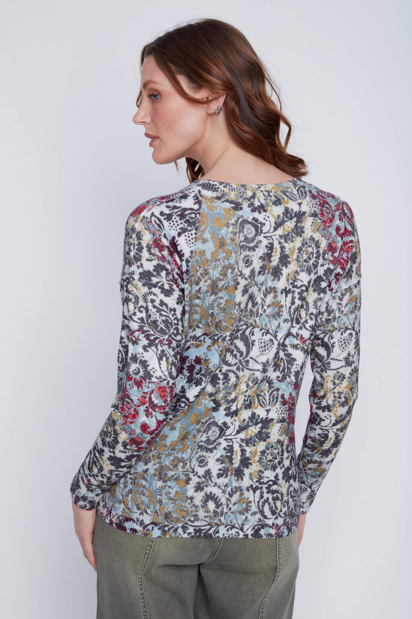 Printed Crew Neck Velvet Sweater