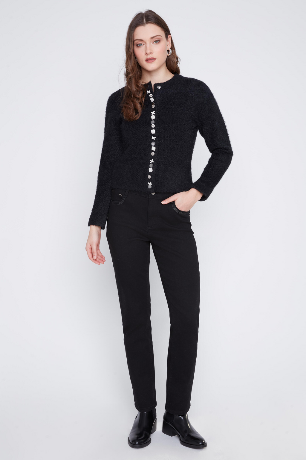 Fuzzy Blinged Out Button-Up Cardigan