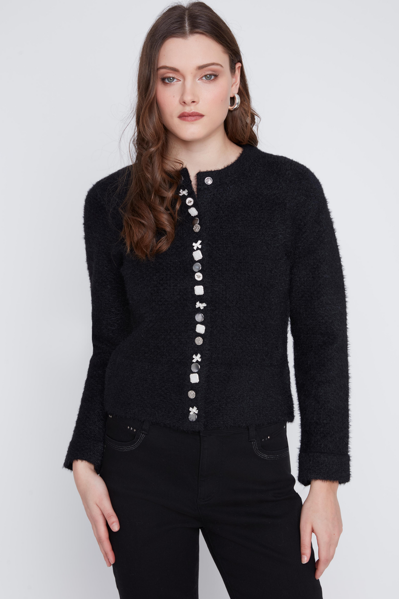 Fuzzy Blinged Out Button-Up Cardigan