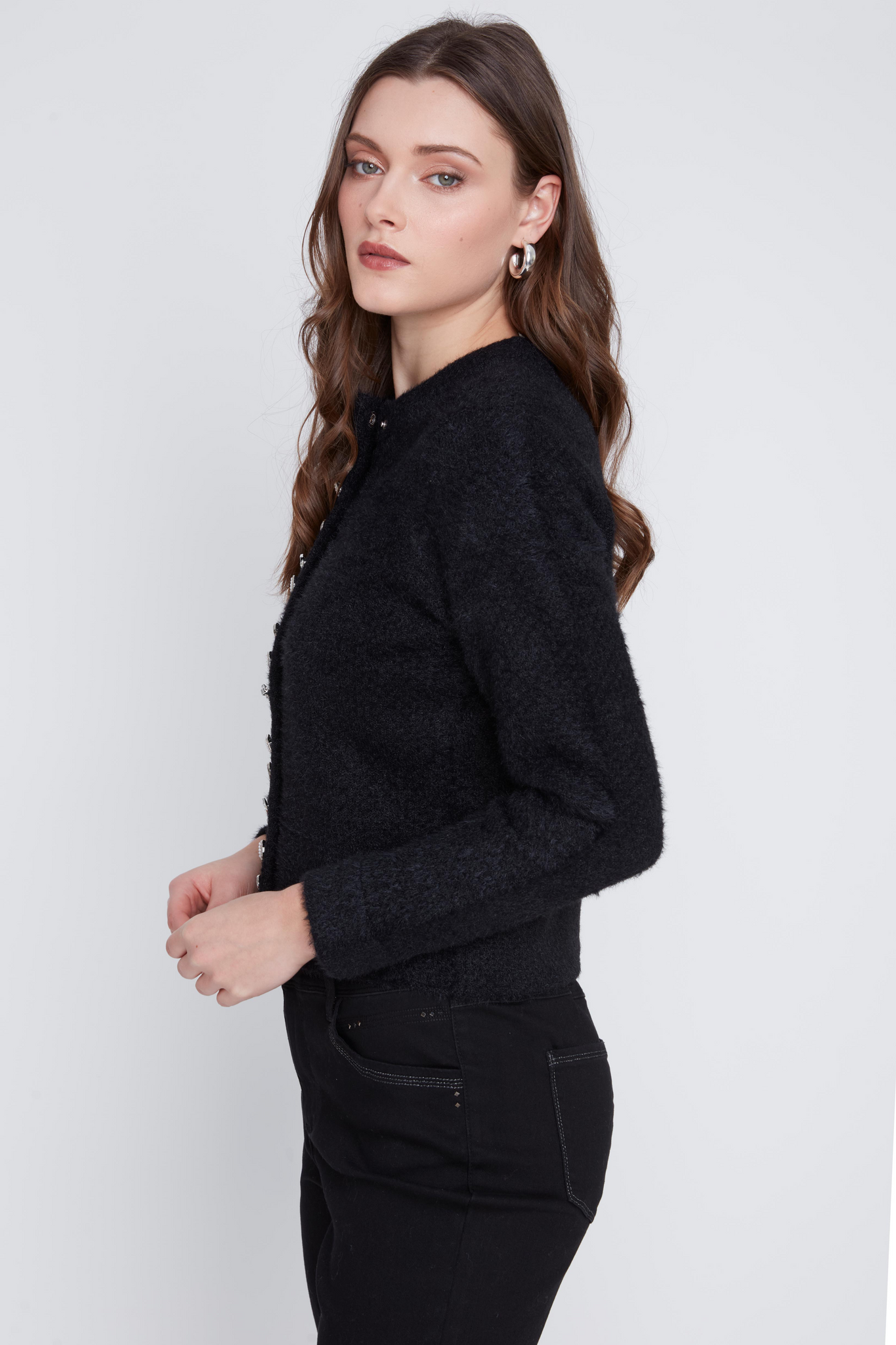 Fuzzy Blinged Out Button-Up Cardigan