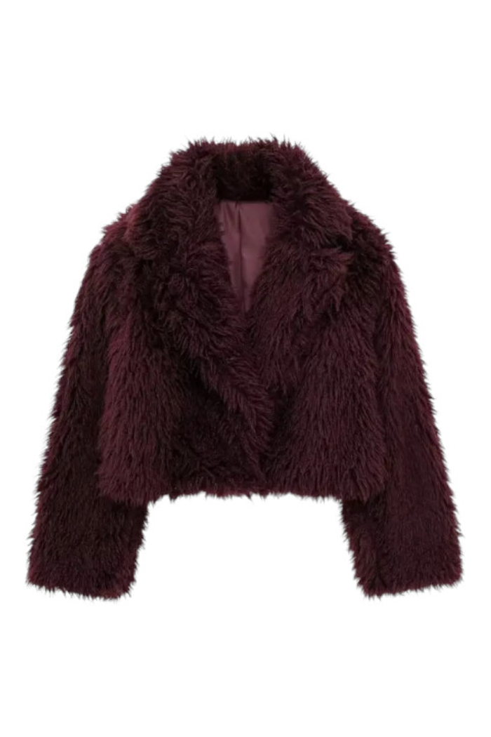 Burgundy Fuzzy Lapel Faux Fur Cropped Coat