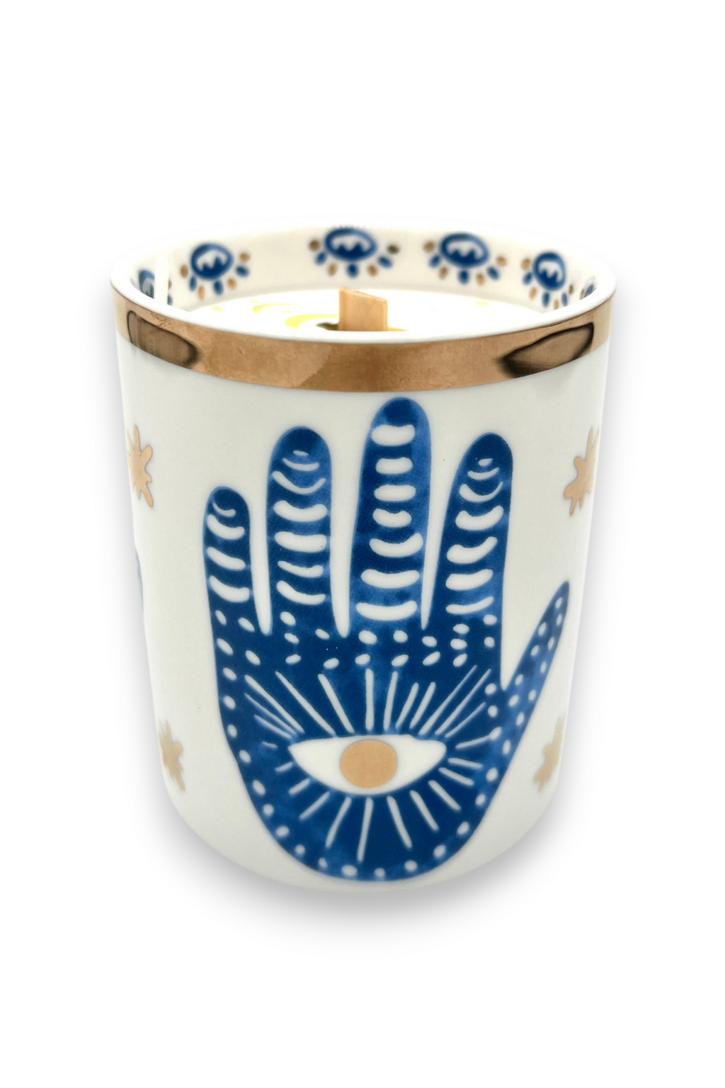 Gold, Blue, & White Ceramic Hamsa Candle