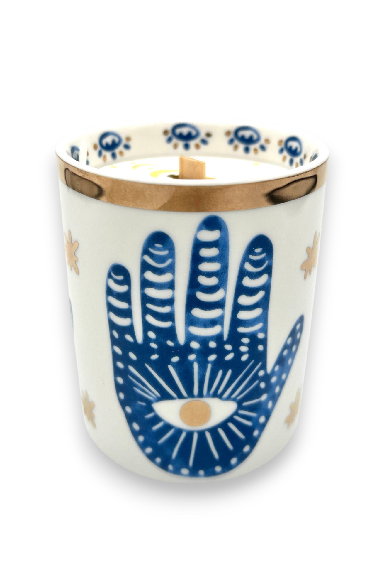 Gold, Blue, & White Ceramic Hamsa Candle