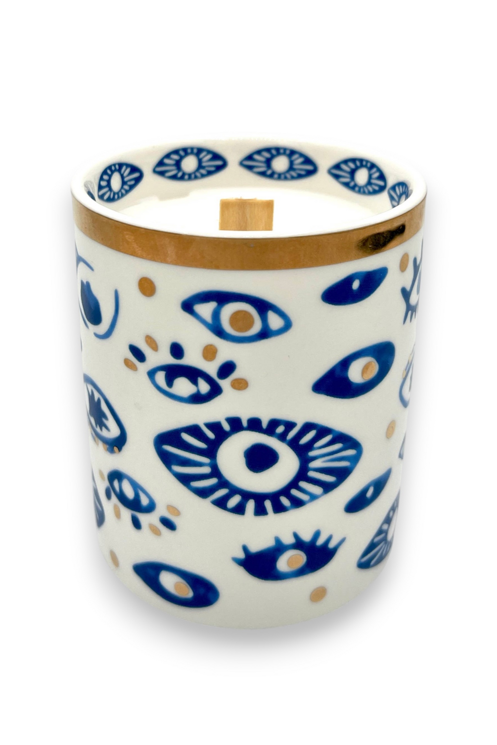 Gold, Blue, and White Ceramic Evil Eye Candle