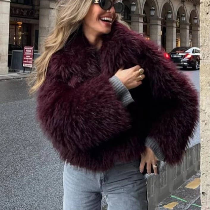 Burgundy Fuzzy Lapel Faux Fur Cropped Coat