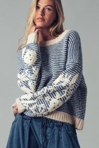 Floral Embroidered Striped Knit Sweater