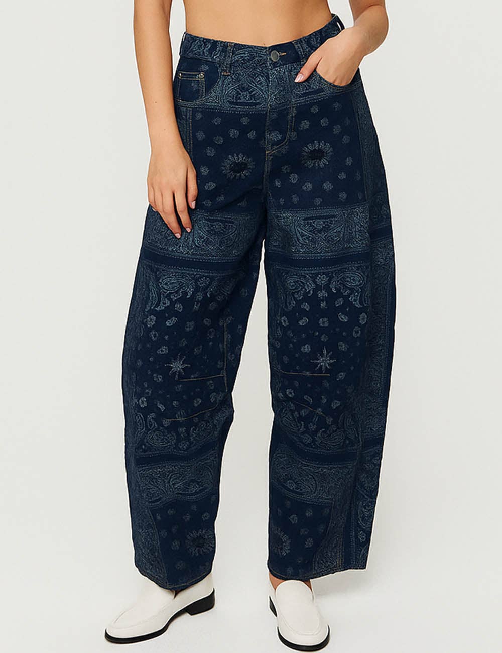 Bandana Zip Fly Barrel Denim Pants