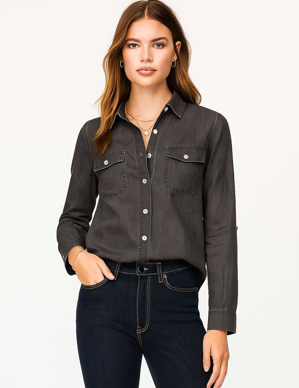 Ladies Turn Down Collar Flap Pockets Denim Shirt