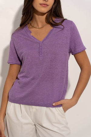 Tunisian collar T-shirt in knitted linen fabric