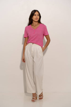 Tunisian collar T-shirt in knitted linen fabric