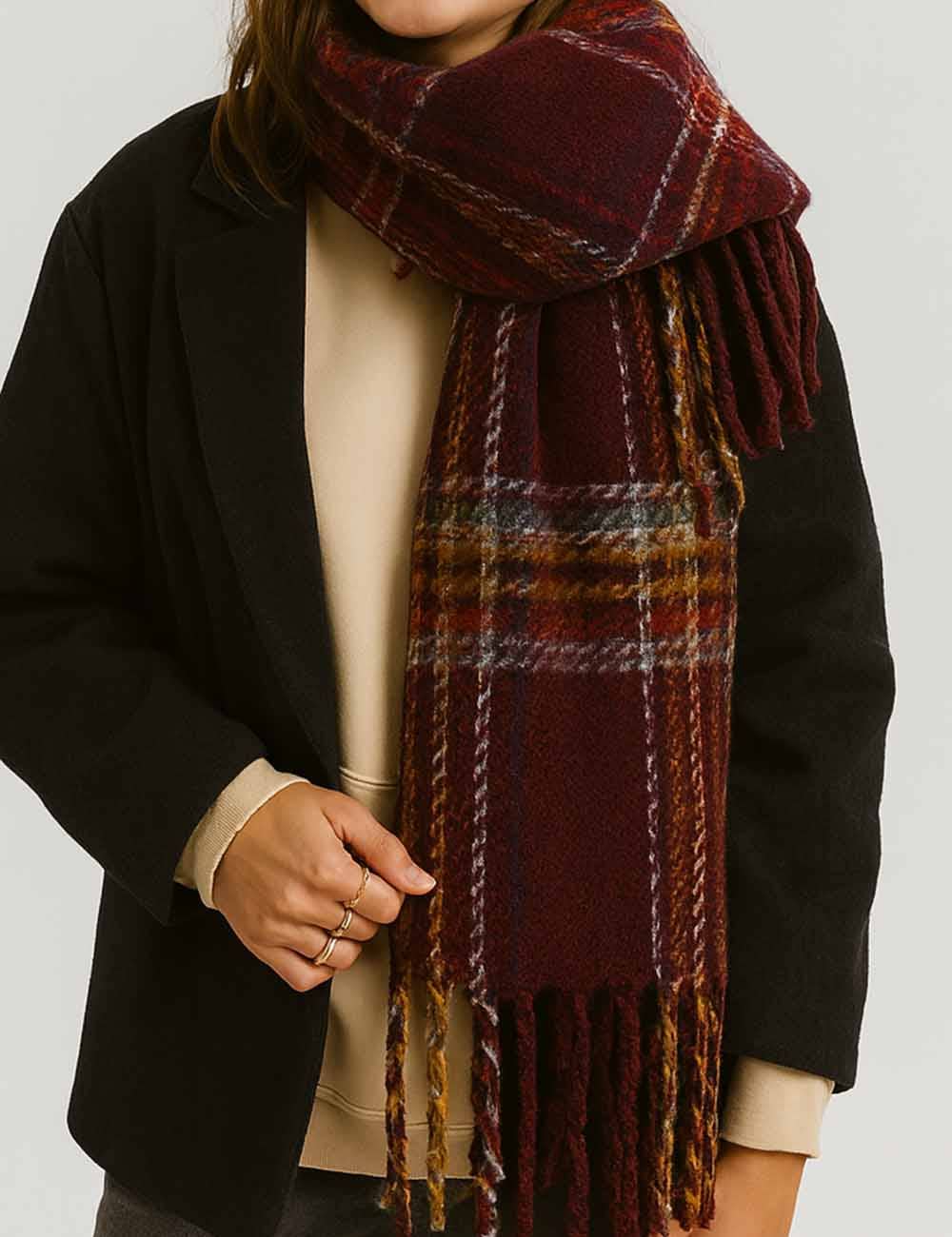 Winter Plaid Loop Yarn Fringe Knit Scarf