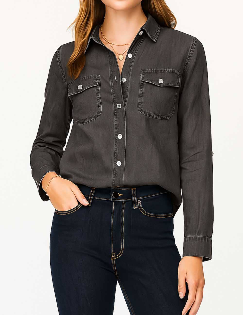 Ladies Turn Down Collar Flap Pockets Denim Shirt