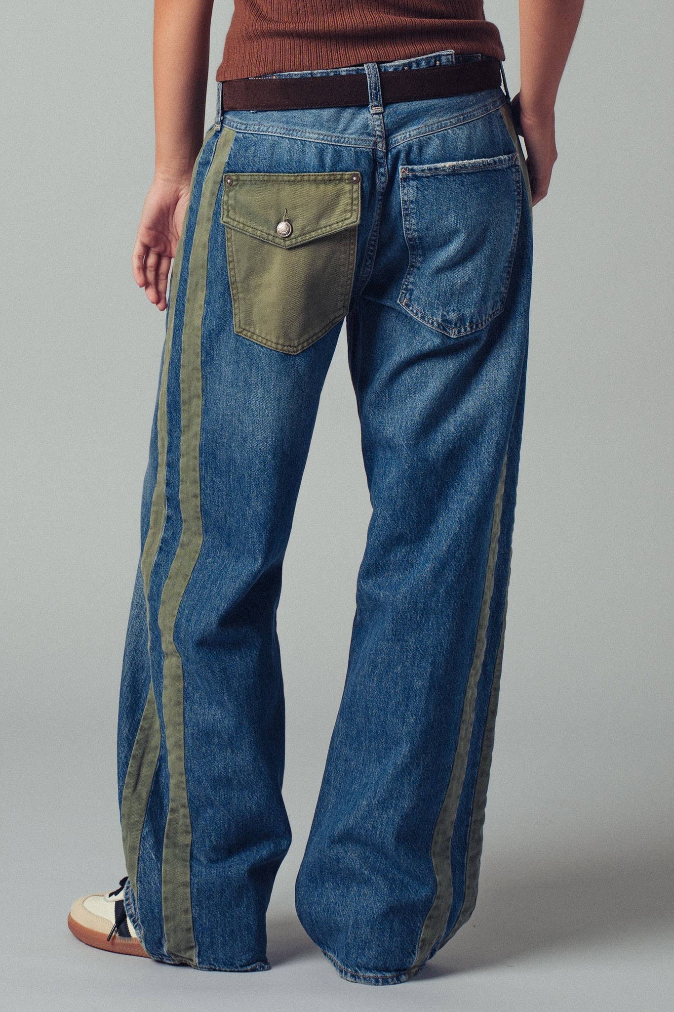 Wide-Leg Utility Stripe Denim Jeans