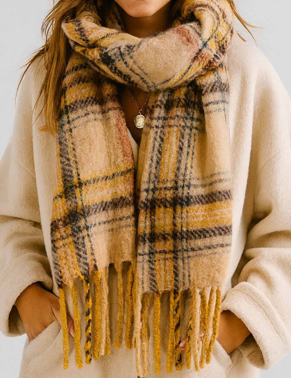 Winter Plaid Loop Yarn Fringe Knit Scarf