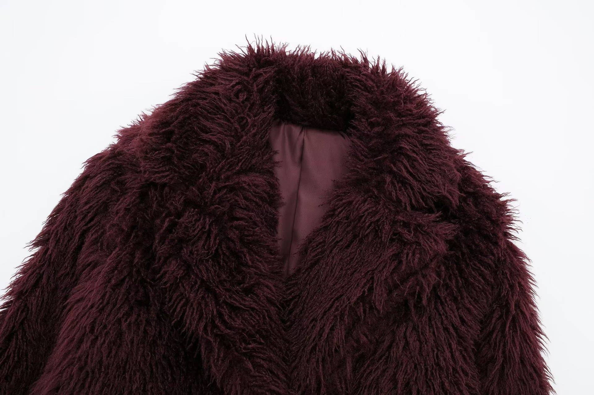 Burgundy Fuzzy Lapel Faux Fur Cropped Coat