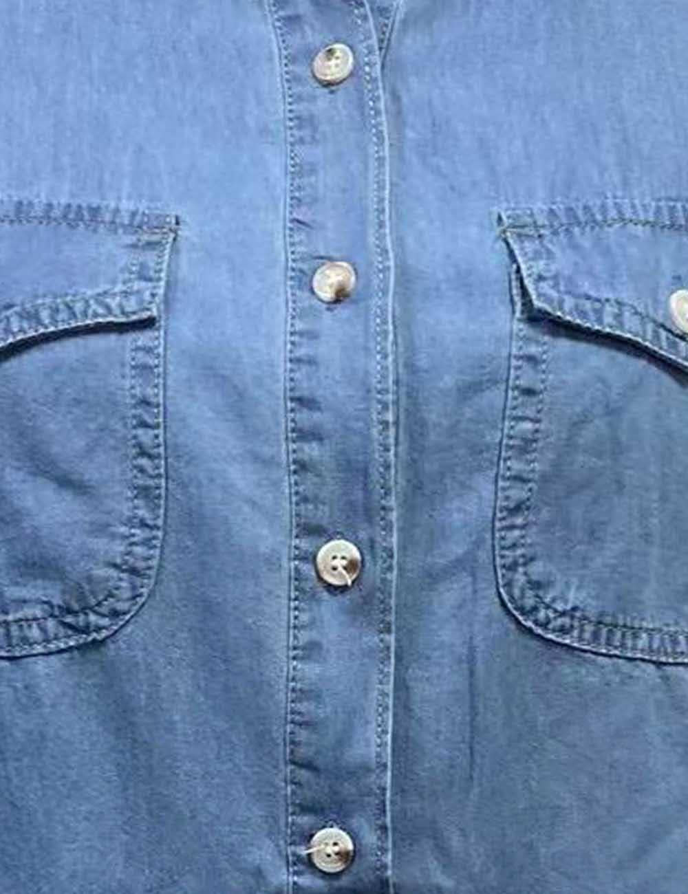 Ladies Turn Down Collar Flap Pockets Denim Shirt