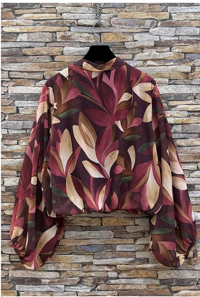ELBLBFC Italian Burgundy Floral Chiffon Blouse with Neck Bow