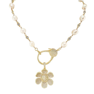 Katie Pearl Clasp Diamond Necklace Pave Clasp  Flower Charm