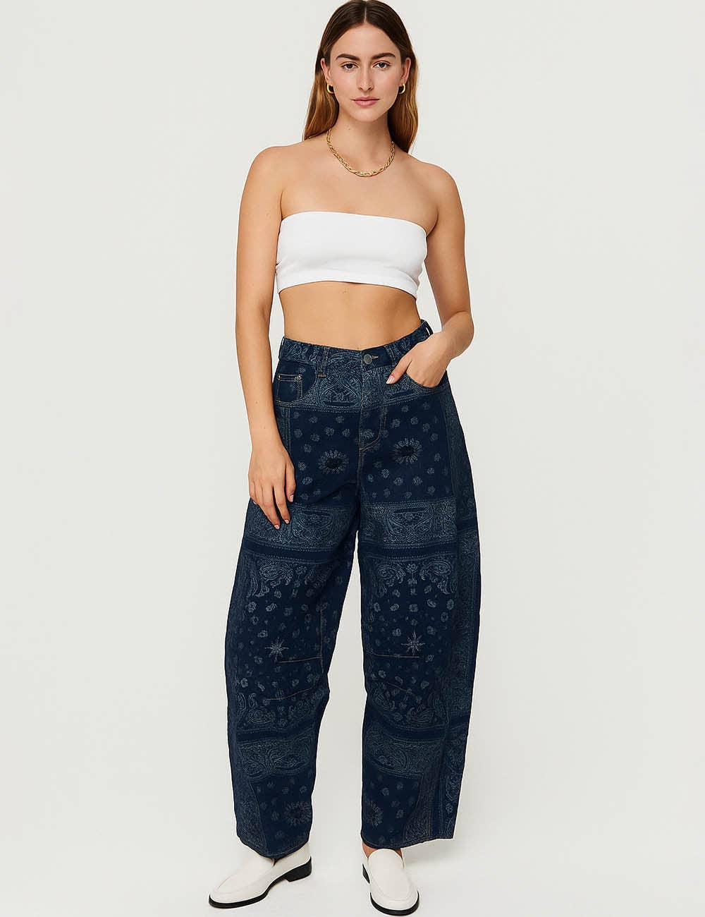 Bandana Zip Fly Barrel Denim Pants