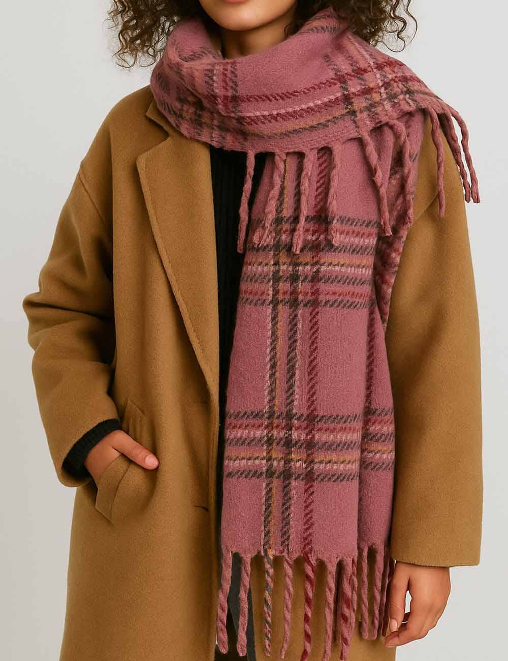 Winter Plaid Loop Yarn Fringe Knit Scarf