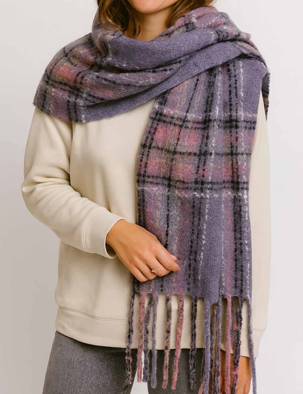 Winter Plaid Loop Yarn Fringe Knit Scarf