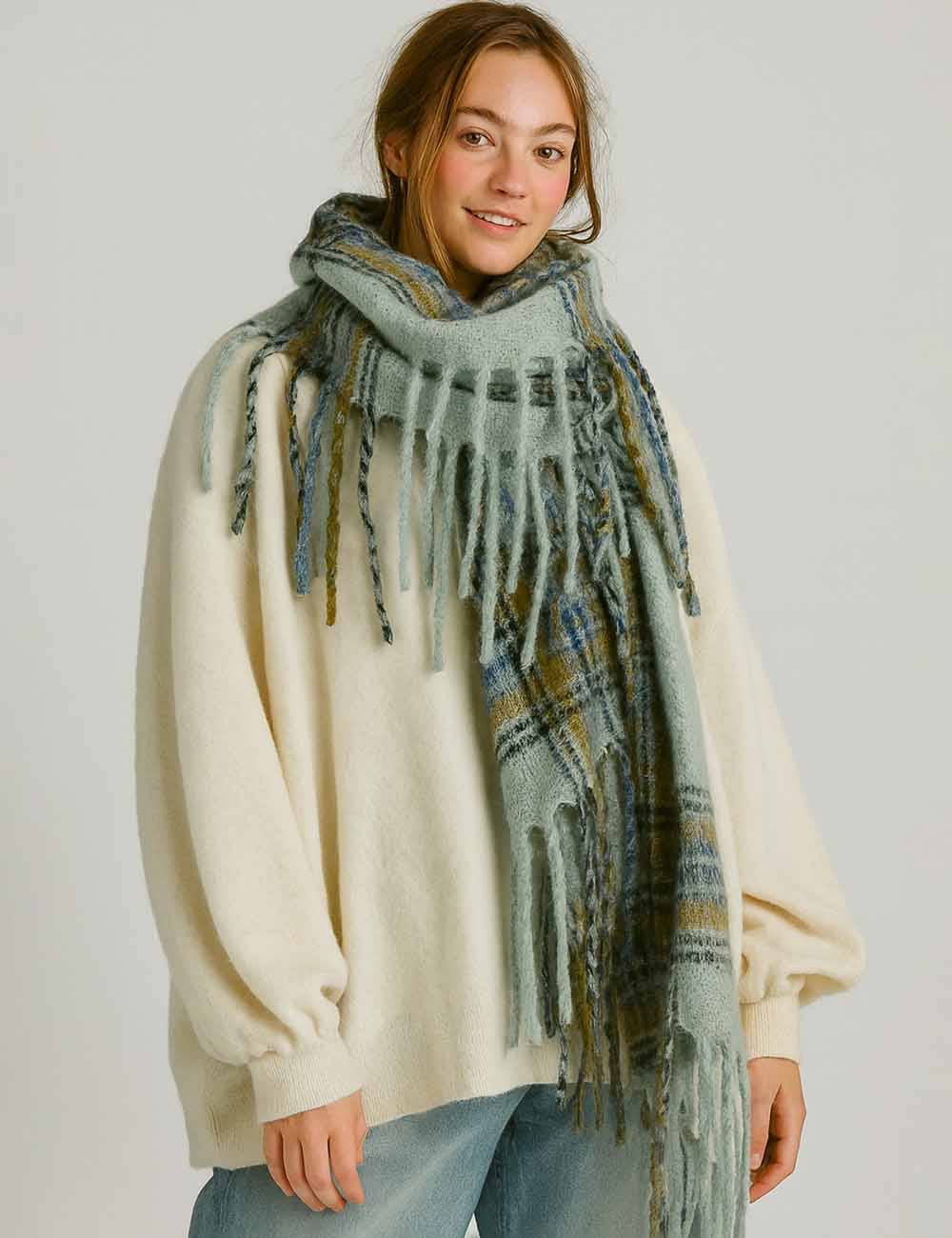 Winter Plaid Loop Yarn Fringe Knit Scarf