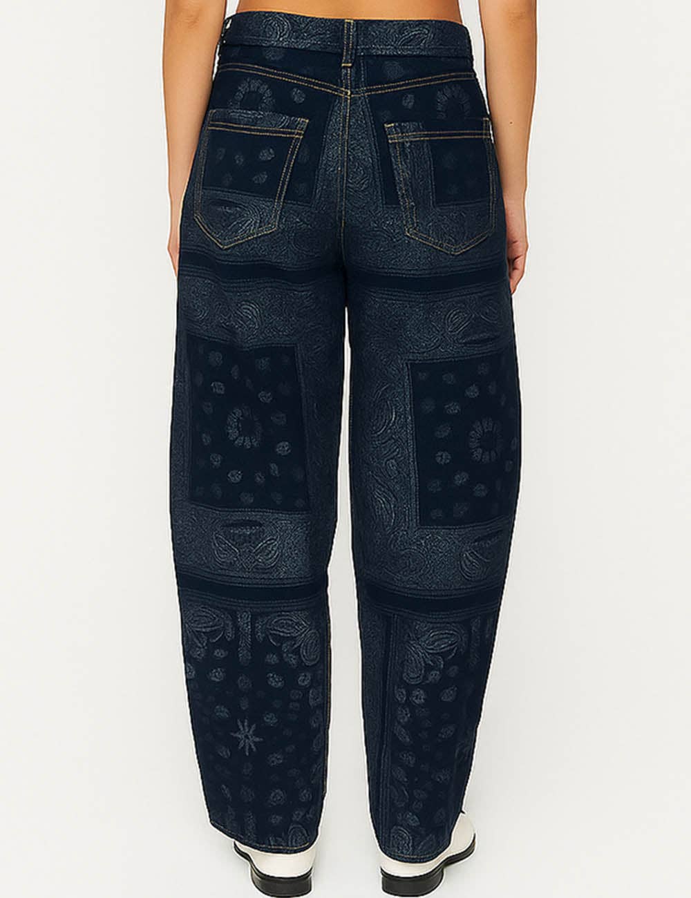 Bandana Zip Fly Barrel Denim Pants
