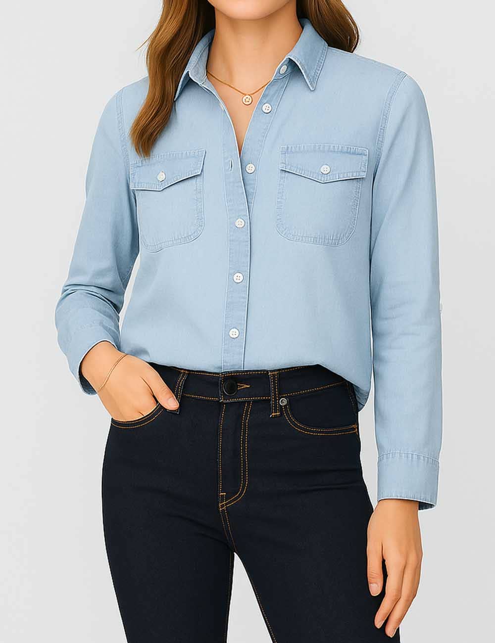Ladies Turn Down Collar Flap Pockets Denim Shirt