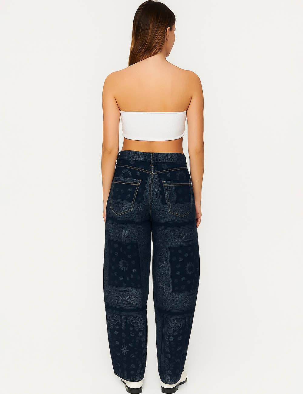 Bandana Zip Fly Barrel Denim Pants