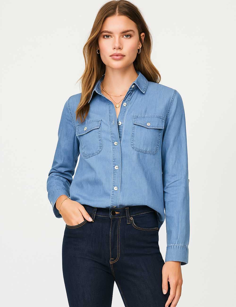 Ladies Turn Down Collar Flap Pockets Denim Shirt