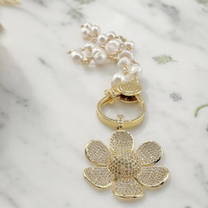 Katie Pearl Clasp Diamond Necklace Pave Clasp  Flower Charm