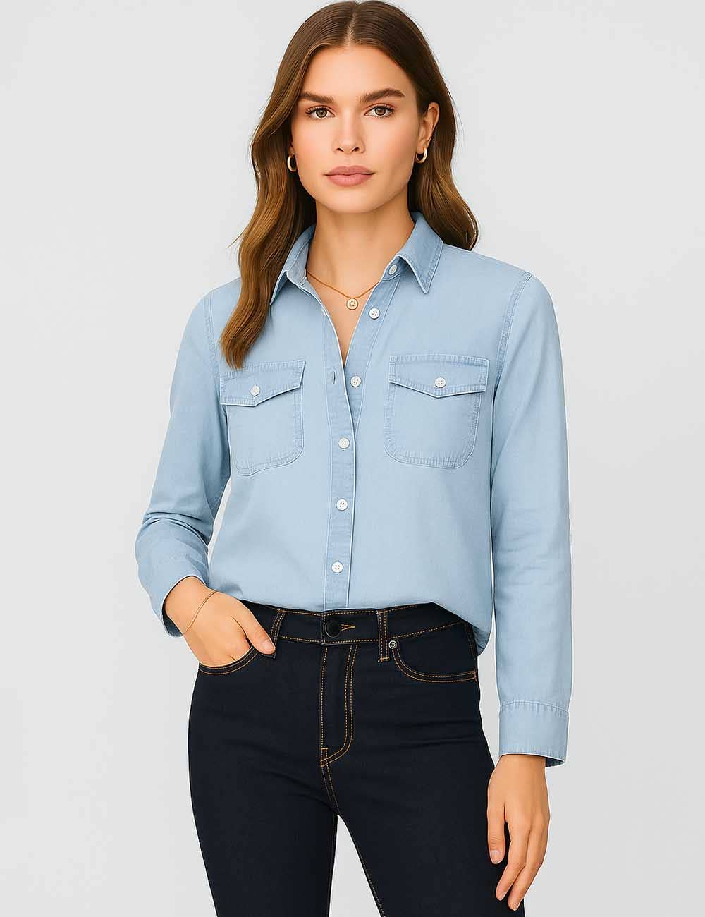 Ladies Turn Down Collar Flap Pockets Denim Shirt