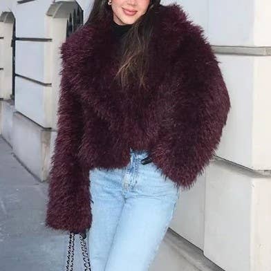 Burgundy Fuzzy Lapel Faux Fur Cropped Coat