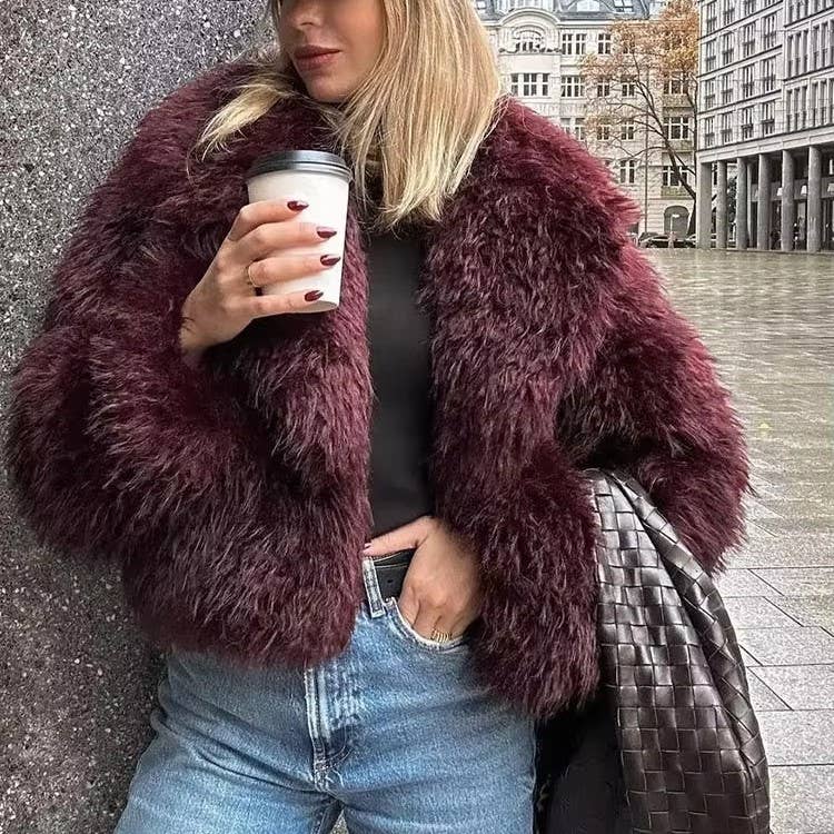 Burgundy Fuzzy Lapel Faux Fur Cropped Coat