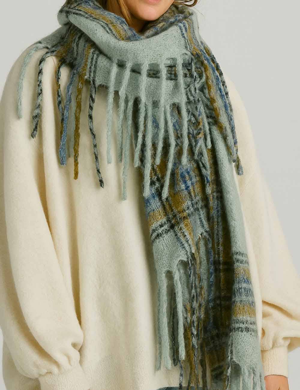 Winter Plaid Loop Yarn Fringe Knit Scarf